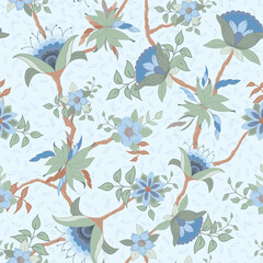 Trailing Vines of Fantasy Flowers in Shades of Blues with Sage Green Leaves on a Pastel Blue Background creating a seamless pattern print