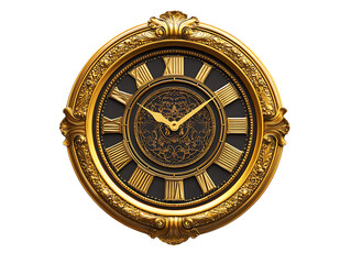 Ornate golden roman numeral clock face with intricate detailing isolated on transparent background