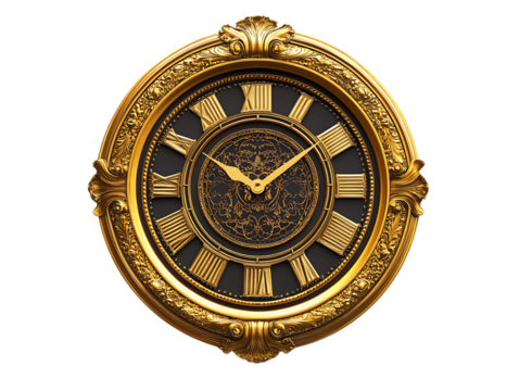 Ornate golden roman numeral clock face with intricate detailing isolated on transparent background - Powered by Adobe