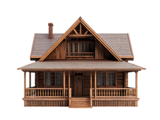 Rustic wooden log cabin with porch and brick chimney isolated on transparent background