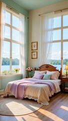 Fototapeta premium Cozy bedroom with large windows offering a scenic lake view. The room features a wooden bed adorned with cream and lavender bedding, several accent pillows, and lace-trimmed blankets. 