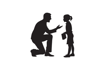 Silhouette of Father Kneeling and Talking to His Daughter Holding a Small Bag Isolated on White Background Showing Love and Care