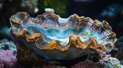 Close-up view of a colorful giant clam shell.