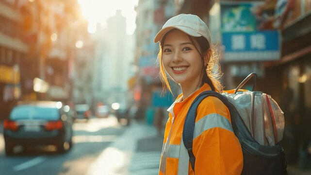 Smiling Female Courier on City Street