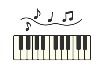 Musical background with piano keys and keyboard, featuring a melody and instrument in a vector illustration style, represented as a flat design