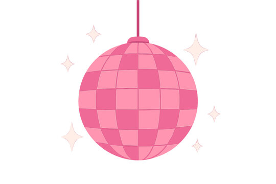 Vector illustration of a pink disco ball with stars on a purple background, suitable for use as a template in greeting cards and posters