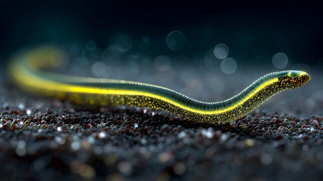 Bioluminescent nemertean ribbon worm glowing ocean floor soft yellow and green light emission unique rare marine invertebrate hyper detailed dark seabed setting