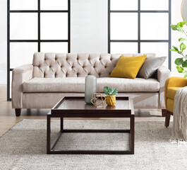 Modern Living Room Interior Featuring a Classic Beige Loveseat Cushion Sofa, Coffee Table, and...