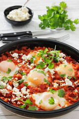 shakshuka, eggs poached in tomato vegetable sauce