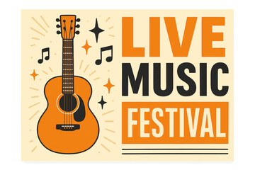 Retro-style banner or poster illustration featuring an orange guitar for a live music festival in vector format