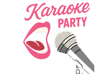A vector music poster for a karaoke party, featuring a studio microphone, singing mouth, and pink calligraphic text on a black background, ideal for use as an advertising poster, banner, flyer, or