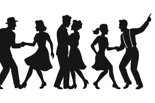 Vector illustration of three pairs of people in 1940s or 1950s attire, dancing in a swing, jazz, lindy hop or boogie woogie style, depicted as silhouettes on a white background