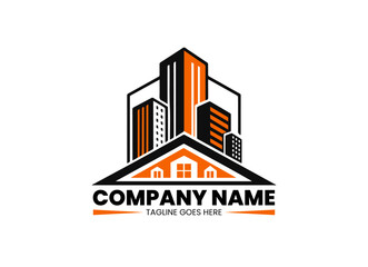 Obraz premium Construction Building Logo Icon Design Vector Featuring House Roof and High-Rise City Buildings