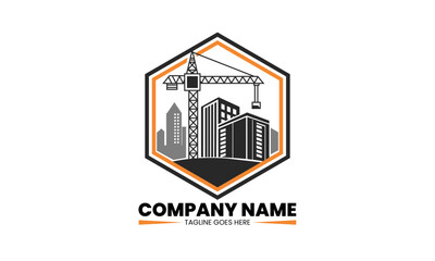 Modern Construction Company Logo with Crane and Skyscrapers Inside Hexagon Shape - Real Estate and Builder Branding Design
