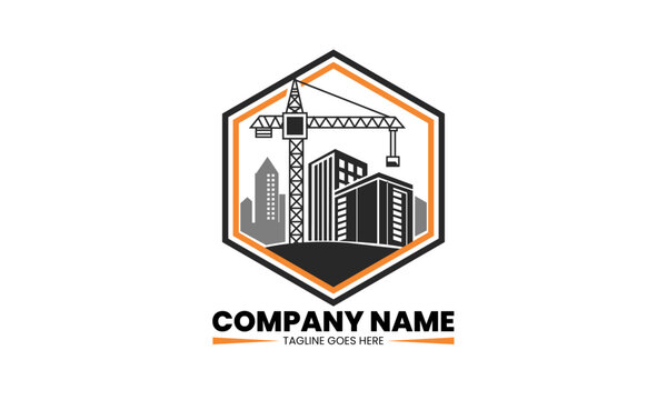 Modern Construction Company Logo with Crane and Skyscrapers Inside Hexagon Shape - Real Estate and Builder Branding Design