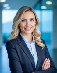 Happy cheerful 25-35 year old professional young business woman corporate leader, smiling positive mature female executive manager standing in office arms crossed looking at camera, portrait.