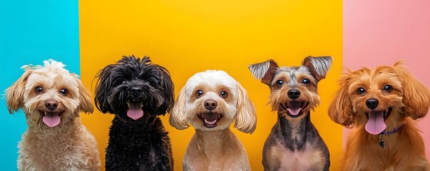 A cheerful group of five dogs with different breeds and colors, displaying joy against a vibrant backdrop
