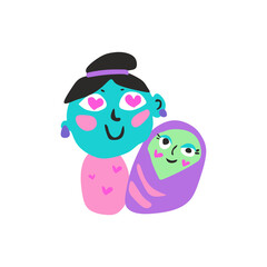 Happy mother with baby girl in bright turquoise and lavender cartoon flat doodle style on transparent background for Mother’s Day cards, parenting books or baby shower invites