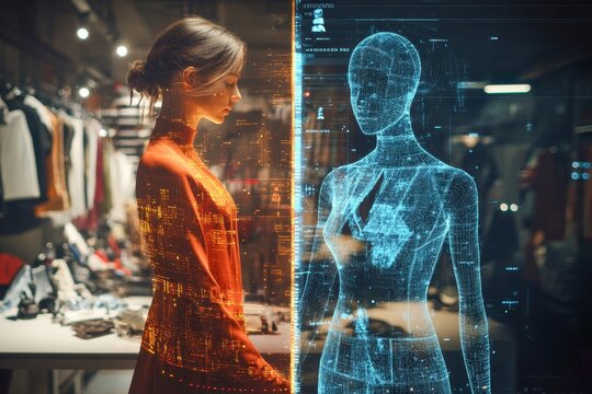 A hightech splitscreen artwork with the left half showing a traditional fashion designer sketching clothes, and the right half depicting an AI generating D fashion models with trend predictions.