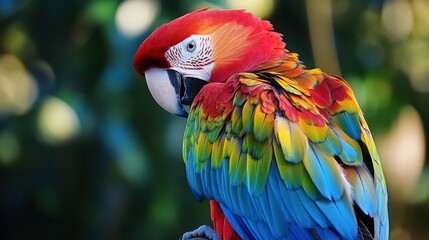 Fototapeta premium Close-up of a vibrant macaw with colorful feathers.