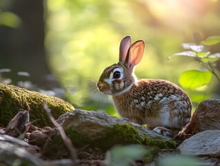 Fototapeta premium A serene image of a rabbit nestled among mossy rocks in a sunlit forest, showcasing the beauty of wildlife in its natural habitat, surrounded by vibrant greenery.
