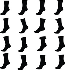 Black Sock Silhouettes Collection: A Versatile Vector and Illustration Set of Diverse Sock Styles, Ideal for Apparel Mockups, Fashion, and Footwear Design.