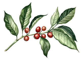 Watercolor coffee branch with red berries and green leaves isolated on transparent background