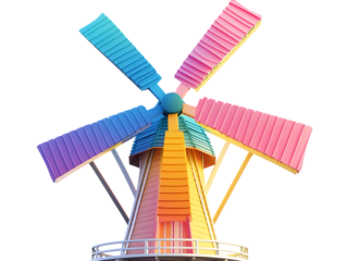 Colorful cartoon windmill with pastel blades isolated on transparent background