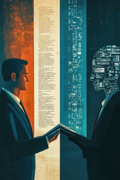 A sleek splitscreen artwork where the left half depicts a lawyer reviewing paper contracts, and the right half shows an AI system scanning legal documents with highlighted clauses.