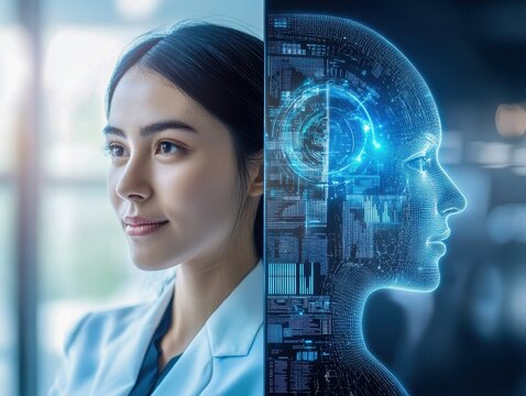 A modern split with the left half showing a traditional HR manager interviewing candidates, and the right half depicting an AI system analyzing resumes with predictive hiring algorithms.