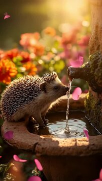 Cute Hedgehog Drinking Water from Garden Fountain at Sunset