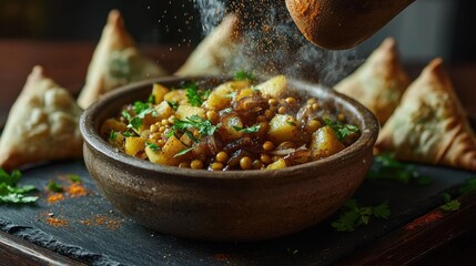 Traditional samosa filling with spiced potatoes and lentils being served from rustic wooden bowl with triangular pastries on dark slate surface
