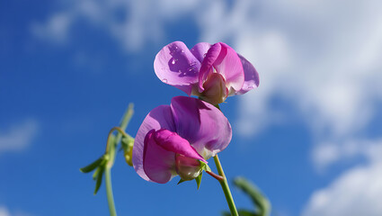 Fototapeta premium Two Purple Sweet Pea Flowers Dew Drops Blue Sky Background Vivid Color Closeup Nature Photography