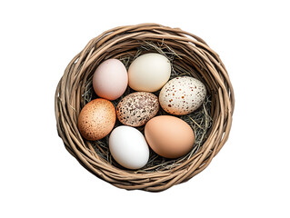Assortment of colorful chicken eggs nestled in a rustic woven bird s nest isolated on transparent background