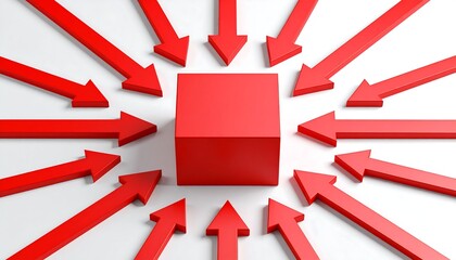 Red cube centered by many red arrows