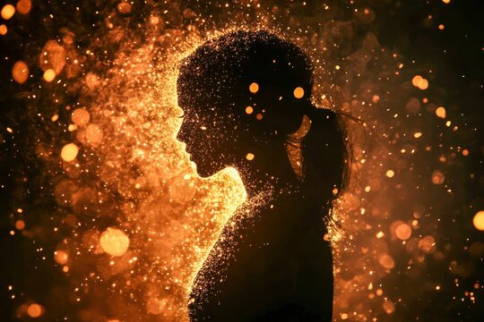 a silhouette of a woman composed of dancing fire particles against dark void