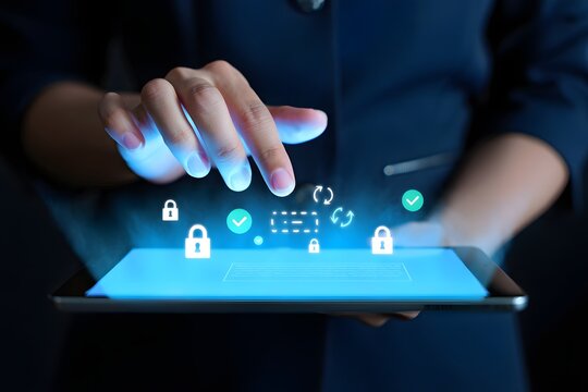 Woman's hand interacts with glowing digital tablet displaying cybersecurity icons; secure data, online privacy, technology concept. - Powered by Adobe