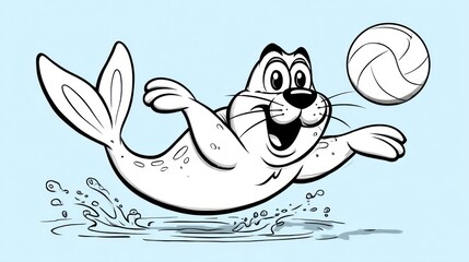 Fototapeta premium Cartoon seal playing volleyball in water