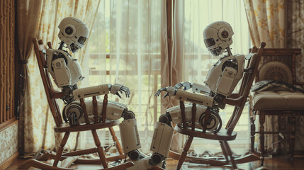 Elderly humanoid robots in retirement home sitting in rocking chairs as obsolete AI companions in melancholic atmosphere