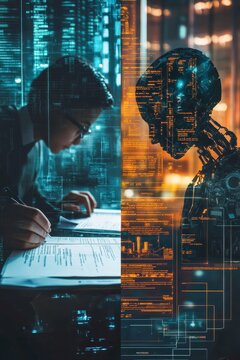 A sleek splitscreen artwork where the left half depicts a lawyer reviewing paper contracts, and the right half shows an AI system scanning legal documents with highlighted clauses.