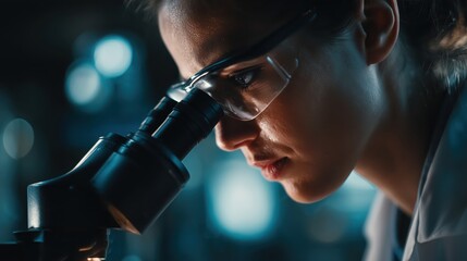 Focused scientist examines specimen through microscope in a dimly lit laboratory