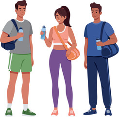 Group of young people holding water bottles after sports activity casual fitness lifestyle vector illustration