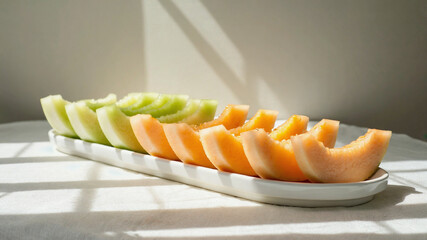 Neatly Arranged Cantaloupe and Honeydew Slices on Ceramic Platter