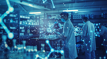 AI system designing pharmaceutical drugs with molecular structures in holographic laboratory for medical innovation