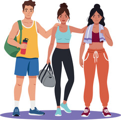Fototapeta premium Group of young people in sportswear after workout with gym bags and water bottle fitness lifestyle vector illustration