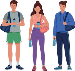 Young adults holding water bottles dressed in casual sportswear standing with gym bags active lifestyle illustration