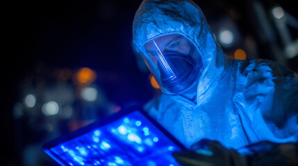 Technician in Hazmat Suit Inspecting Reactor Core with Blue Light