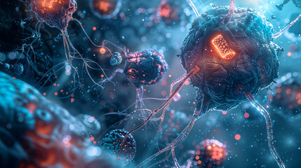 Nanobots performing cellular repair therapy inside human body for advanced medical treatment and disease healing. Neurons of the brain.