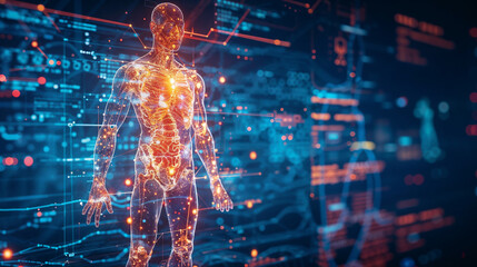 Surgeons performing operation with AR glasses showing holographic patient data in futuristic medical technology environment