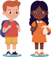 Two children with backpacks and ball outdoor casual kids playing and smiling happy vector illustration